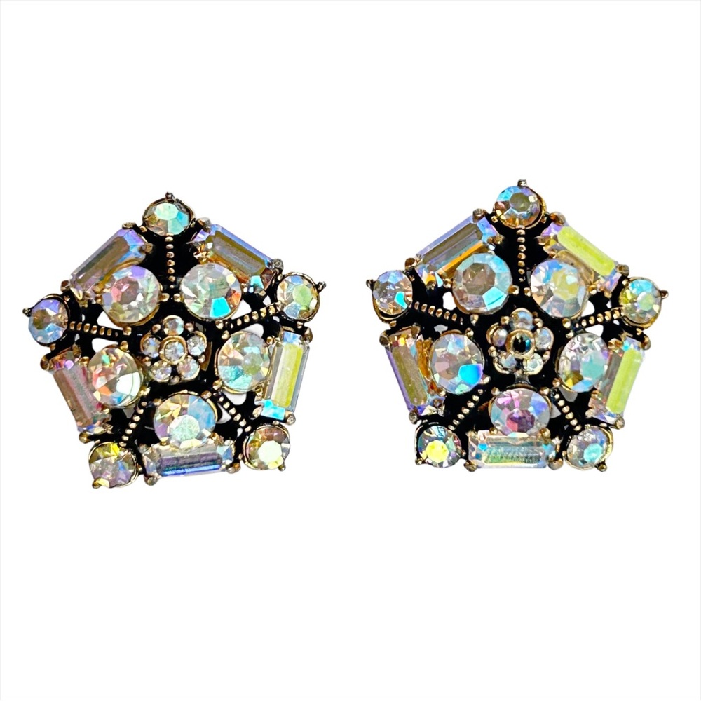 Vintage 1950s Signed Hollycraft Iridescent Clip On Earrings